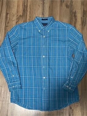 Saddlebred Easy Care Men's Medium Teal Plaid Long Sleeve Button Down Shirt